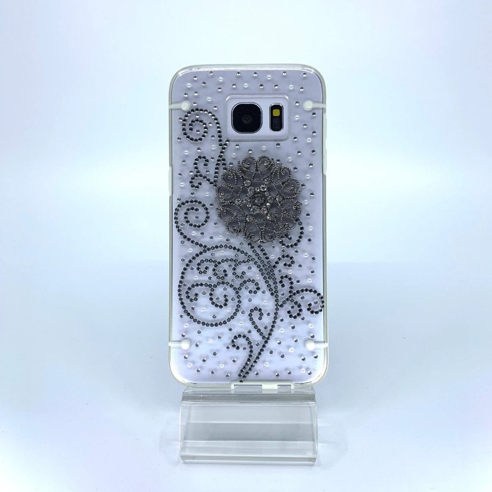 Galaxy S7 Edge polycarbonate case. Unique Handmade. Silver rhinestones
